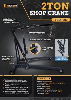 YD01-007,Workshop 2-Ton Heavy-Duty Shop Crane for Lifting & Transport