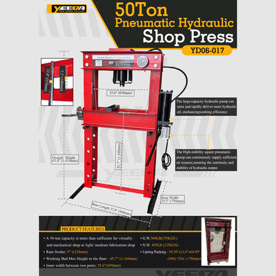 50T Pneumatic Hydraulic Shop Press, 50T Capacity, 9" Stroke, for Auto Repair & Industrial Metalworking